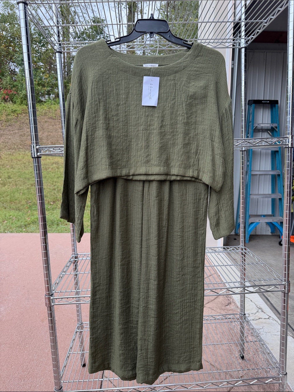 Blu Pepper Olive Green Long Sleeve Layered Midi Dress